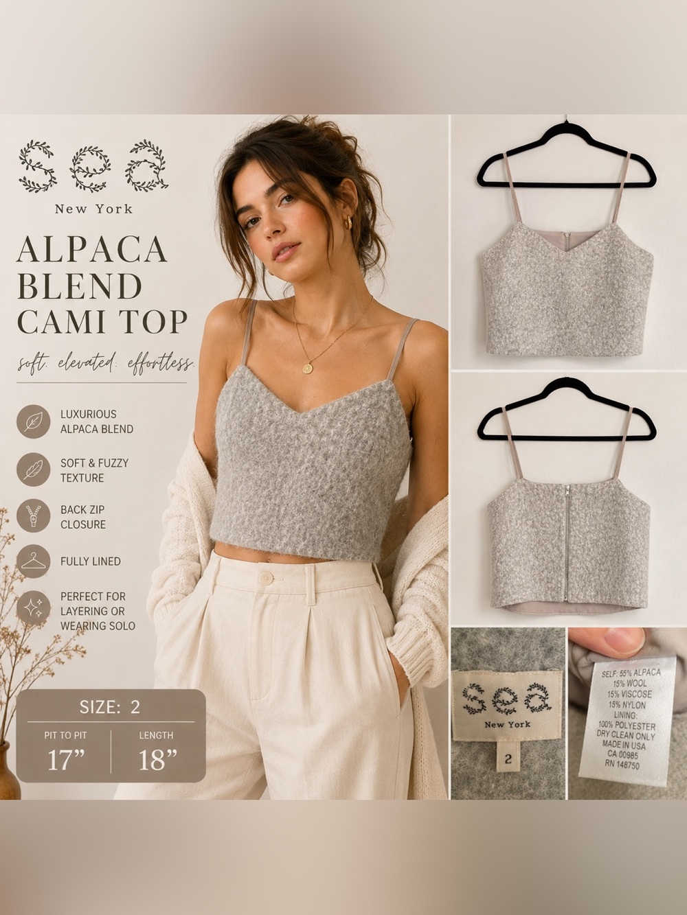 Sea New York Gray Alpaca Blend Cropped Cami Top Size 2 Quiet Luxury